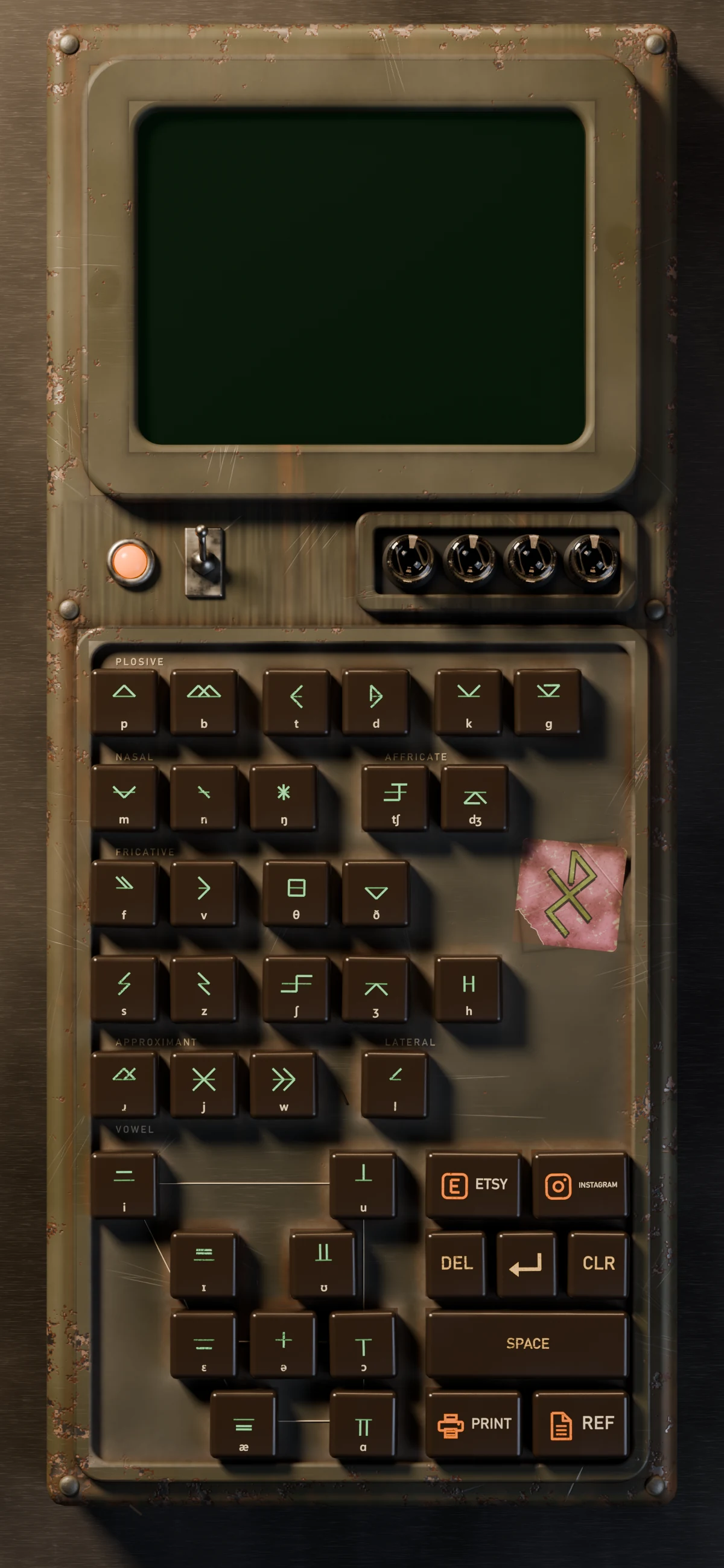 A rusted field terminal on a workbench: a green CRT, four nixie tubes, and a keyboard of bakelite keys painted with MARS runes
